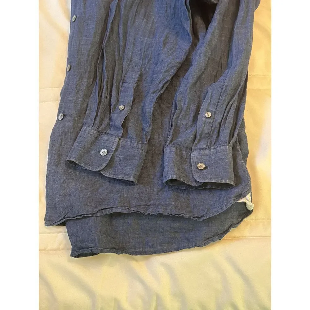 Hickey Freeman Men's Long Sleeve Dark Blue 100% Linen Button Up Shirt Size Large - Picture 7 of 10